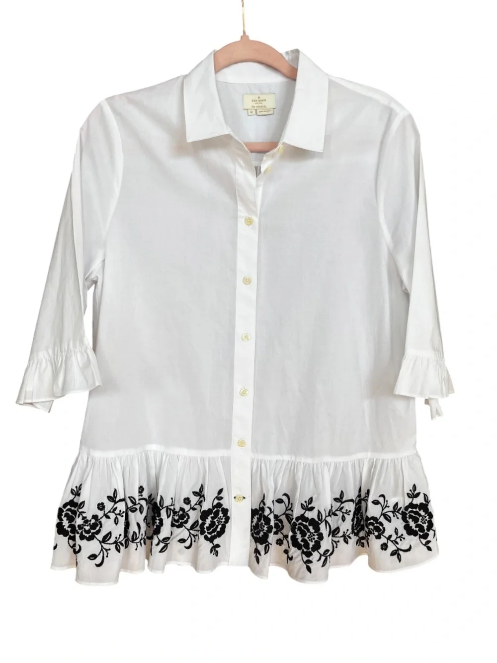 Kate Spade White Cotton Floral Embroidery Ruffle 3/4 Sleeve Button Up Shirt SZ M